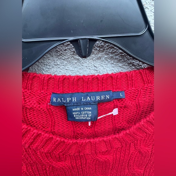 Vintage Ralph Lauren cable knit Teddy Bear Skiing Sweater Red 100% cotton large - Picture 2 of 8